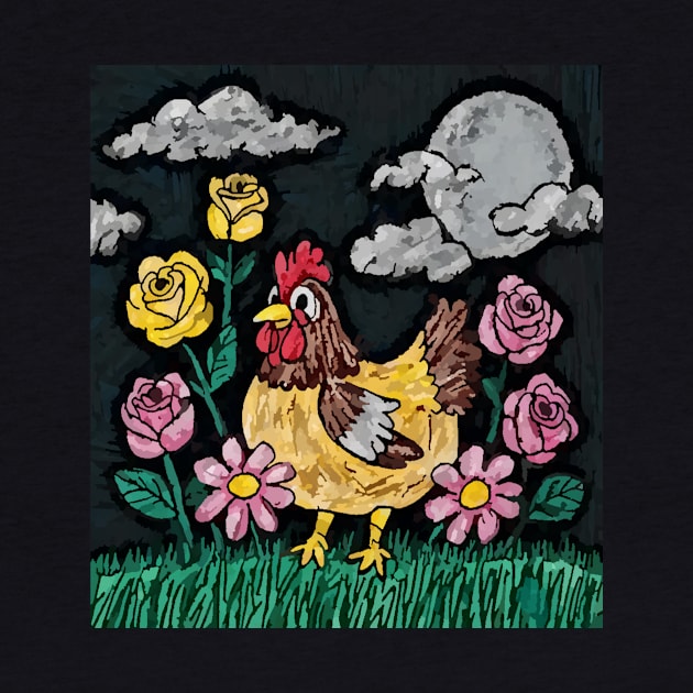 watercolor floral chicken out at night by Catbrat